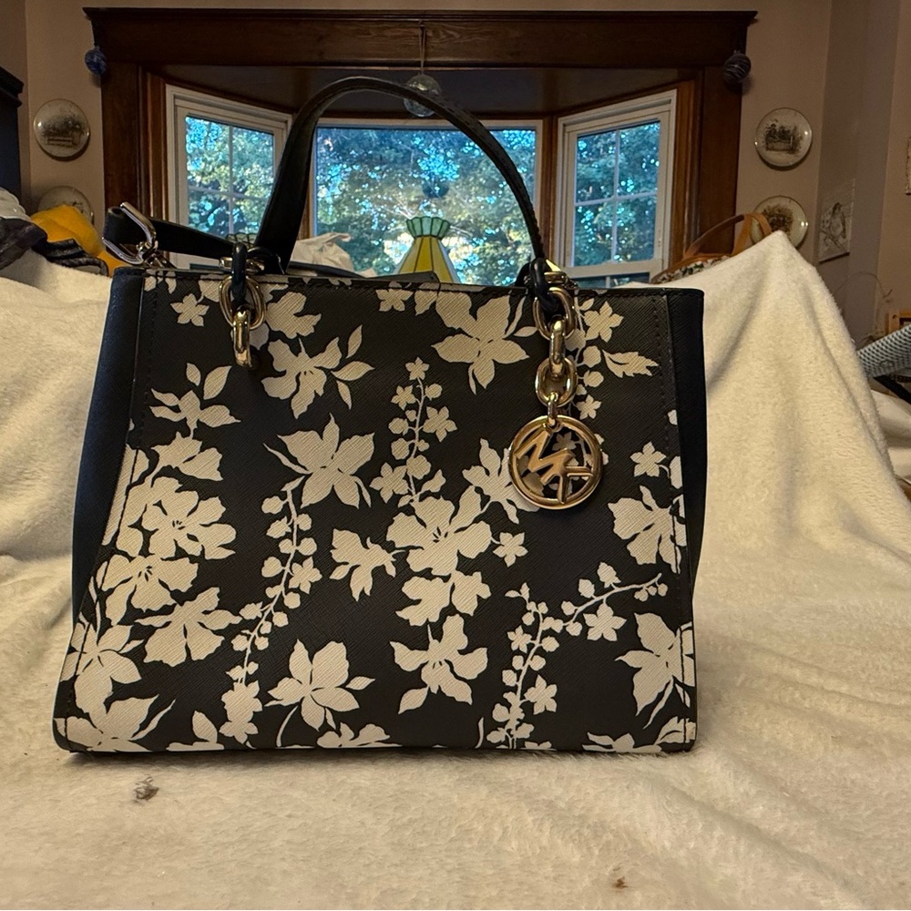 Michael Kors Floral Navy and White Tote Bag